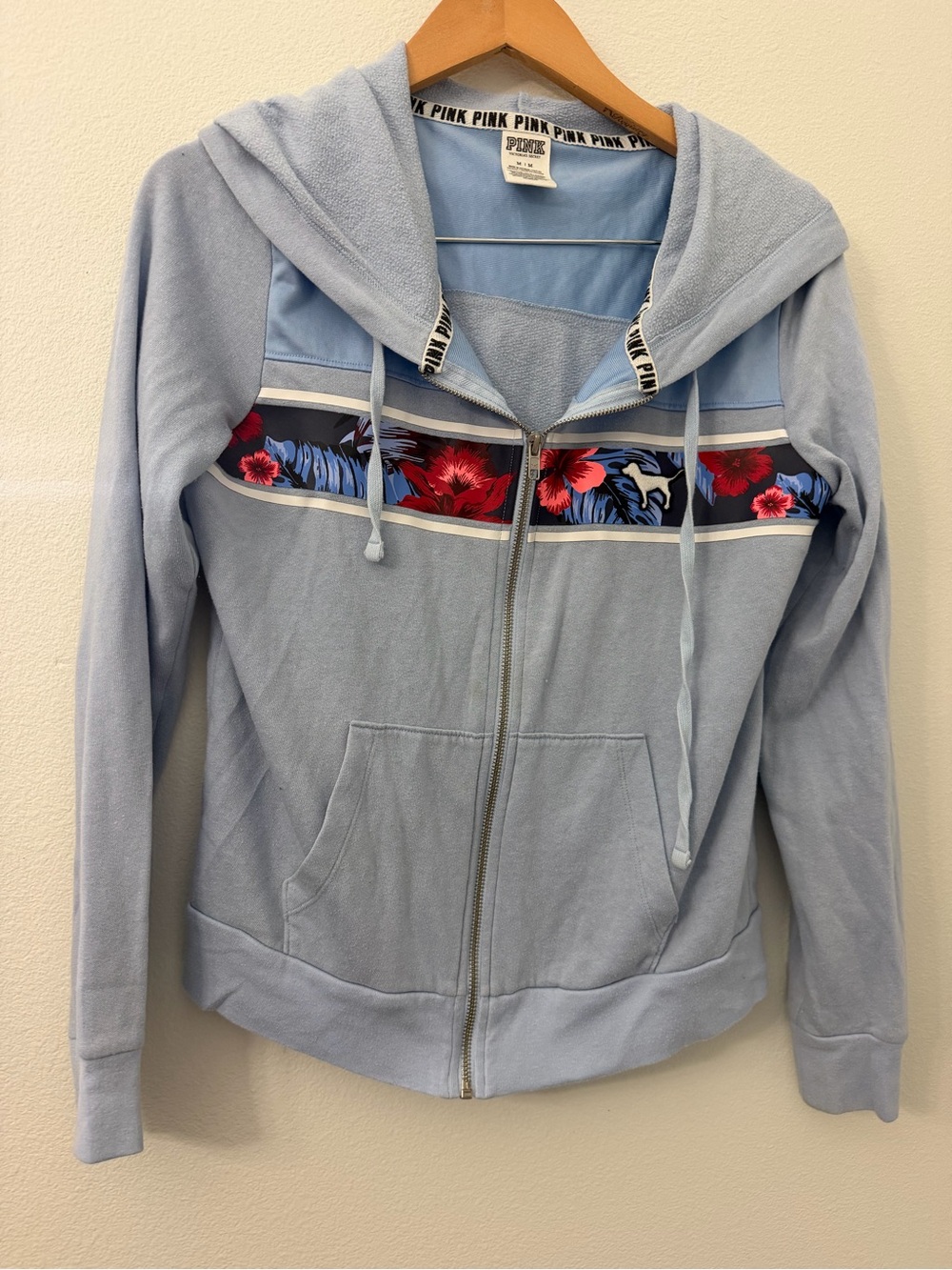 Victoria's Secret PINK Light Blue Zip-Up Hoodie with Floral Stripe